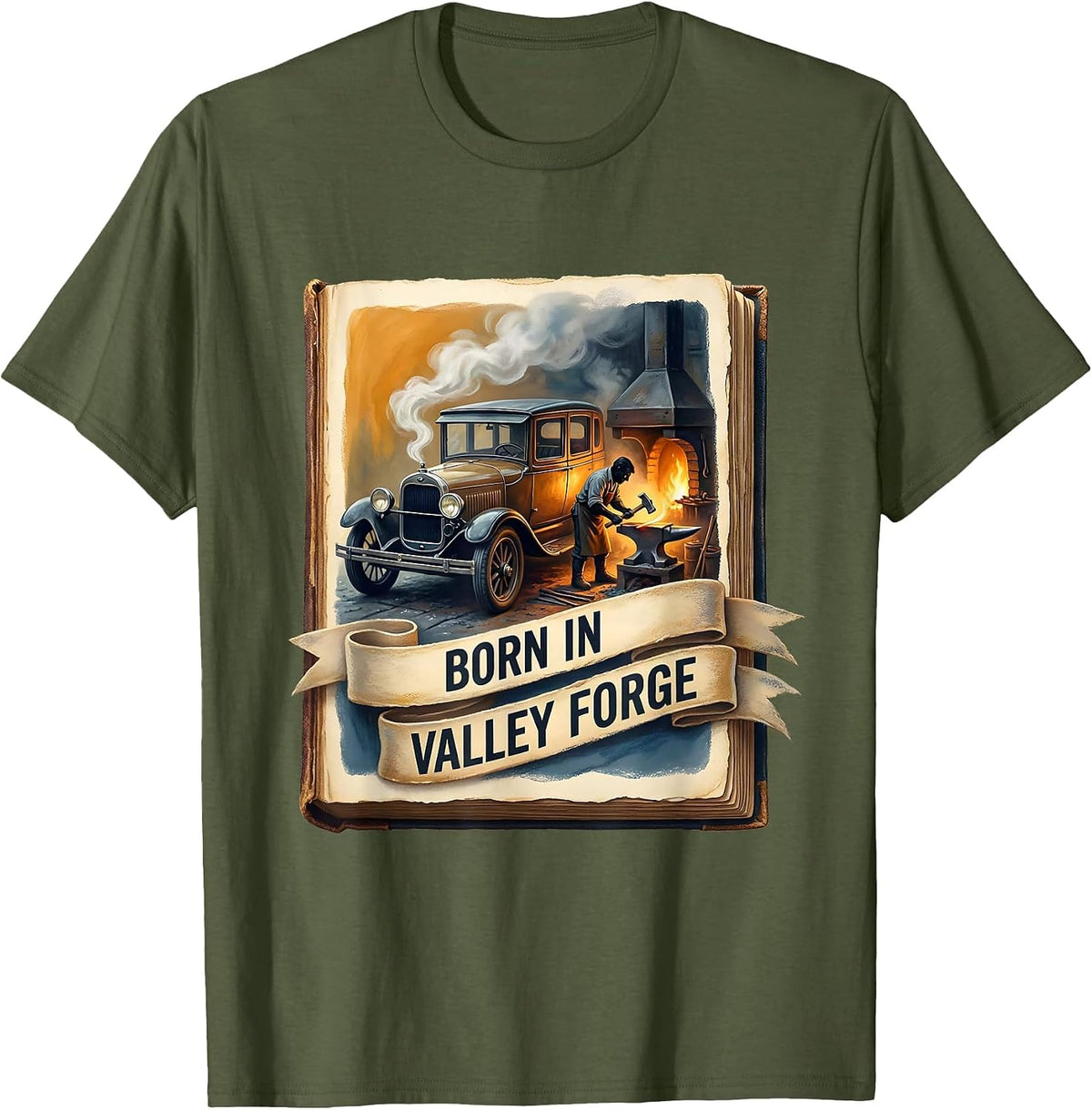 Men's Born in Valley Forge Automotive Pride Design T-Shirt - Olive Green
