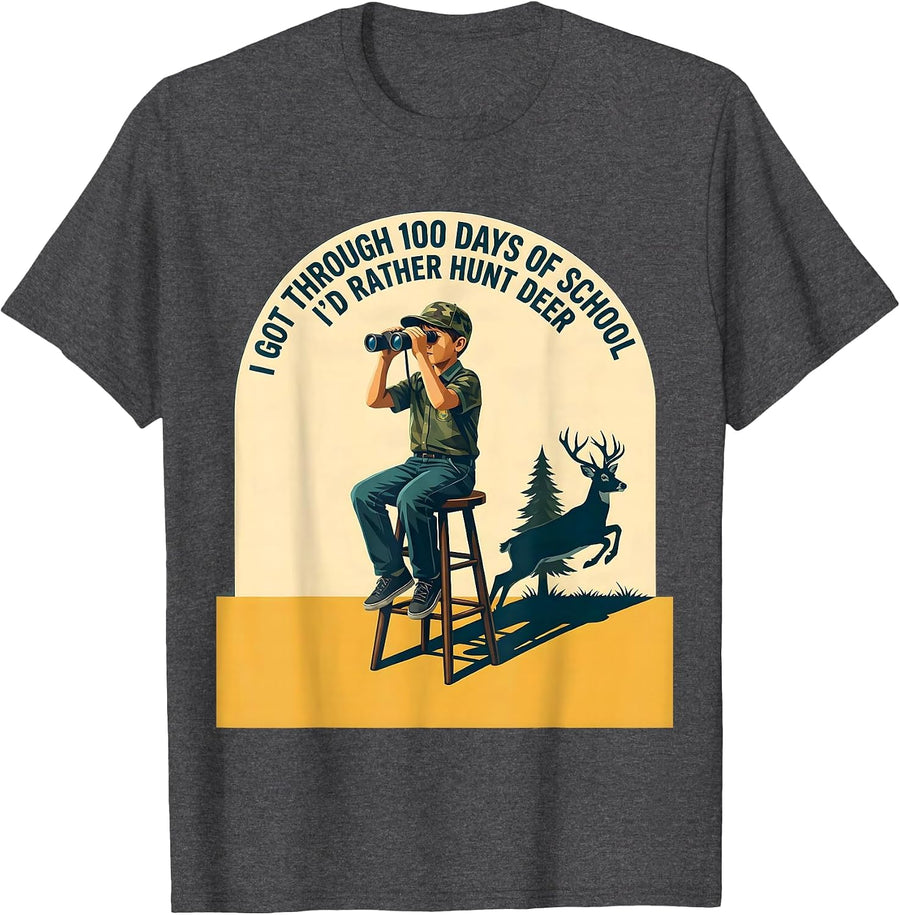Men's I Got Through 100 Days Of School—I'd Rather Hunt Deer T-Shirt - Dark Heather Grey