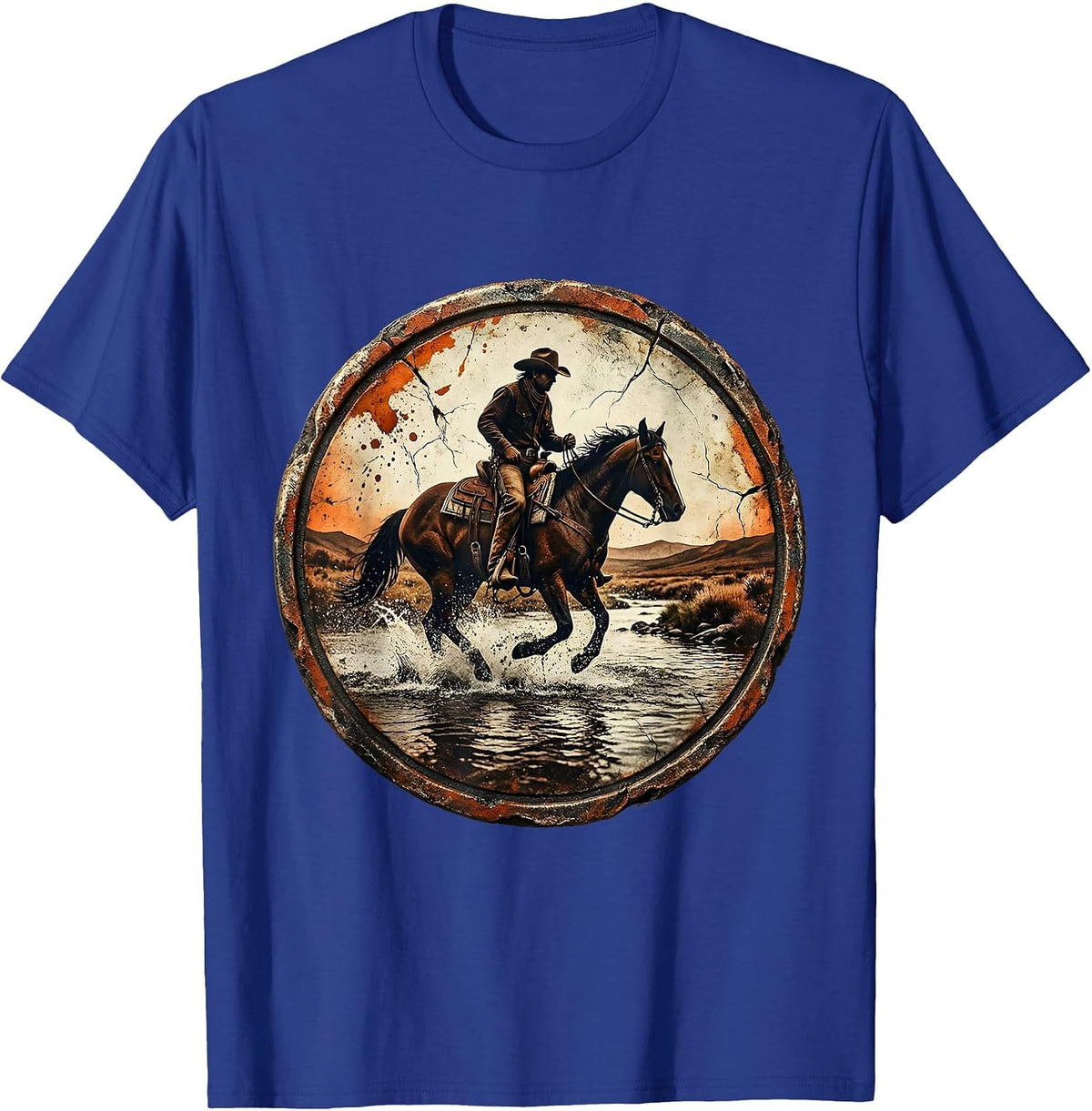 Cowboy on Horseback Crossing River Graphic T-Shirt - Royal Blue