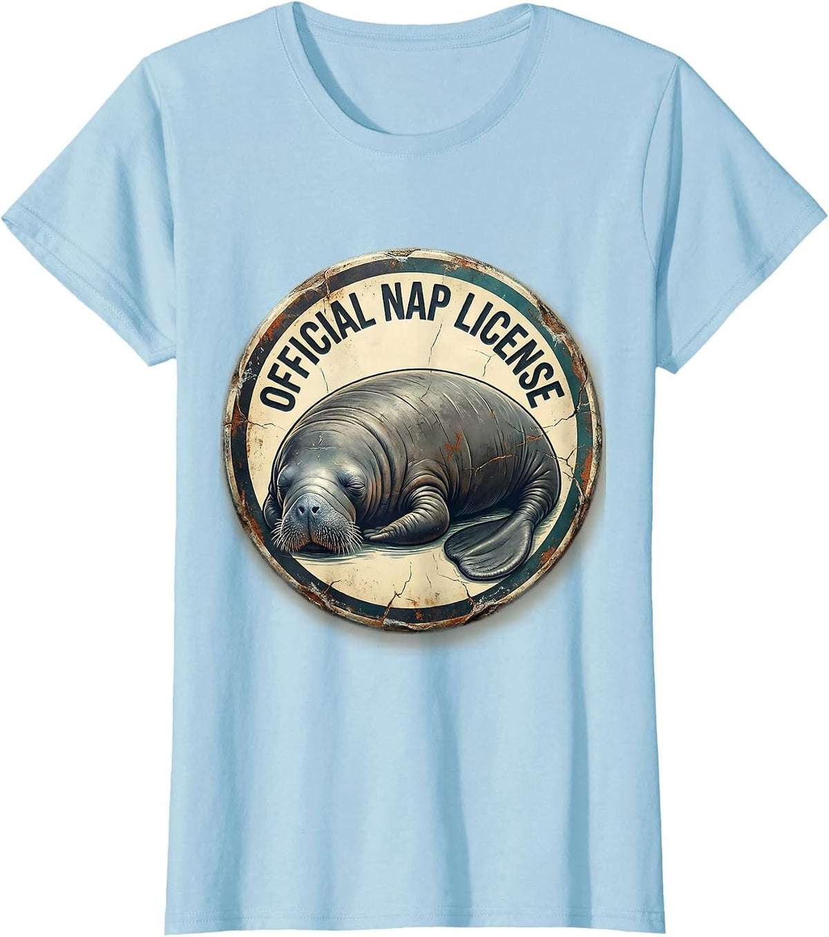 Official Nap License Distressed Manatee Wildlife Humor T-Shirt - Baby Blue