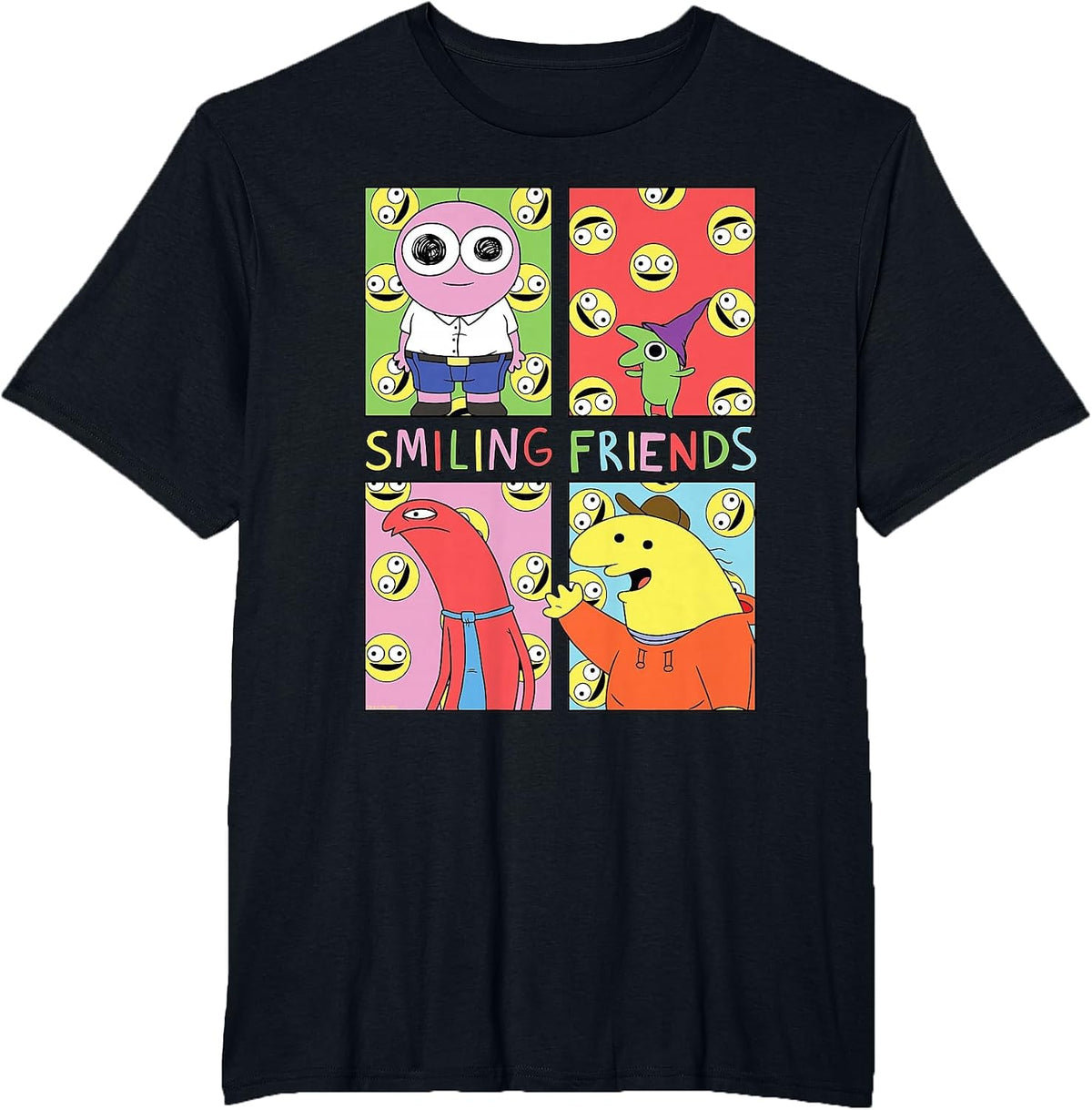 Smiling Friends Pop Art Character Grid Funny Cartoon T-Shirt - Black