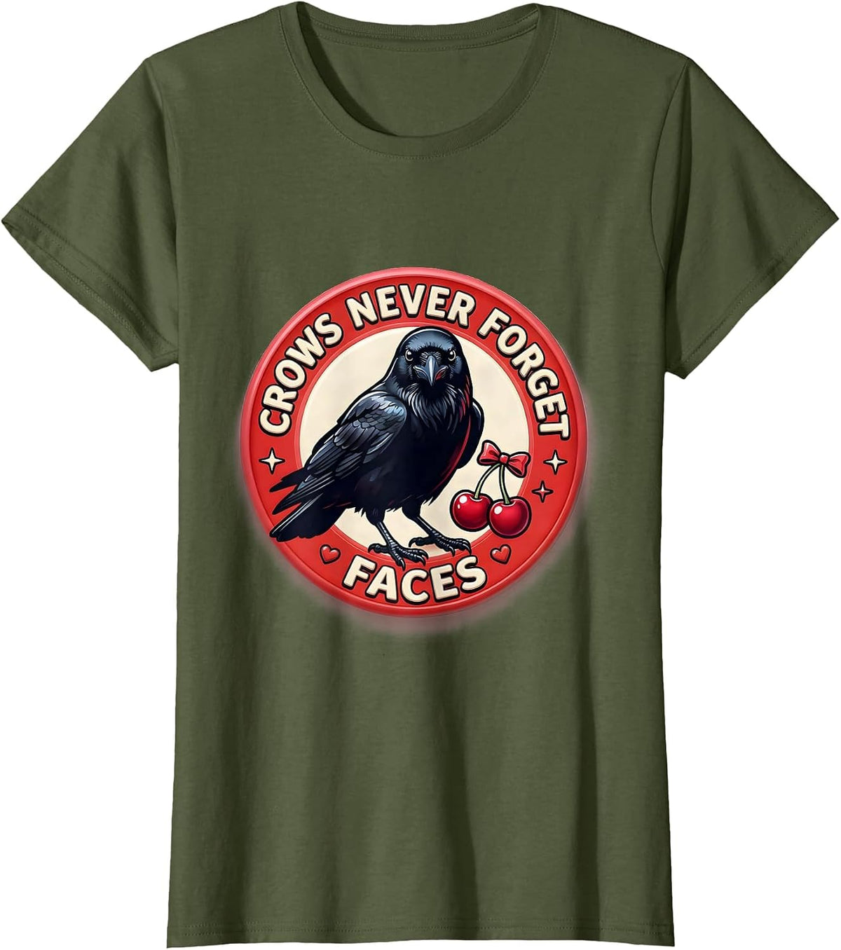 Women's Crows Never Forget Faces Crow Design T-Shirt - Olive Green