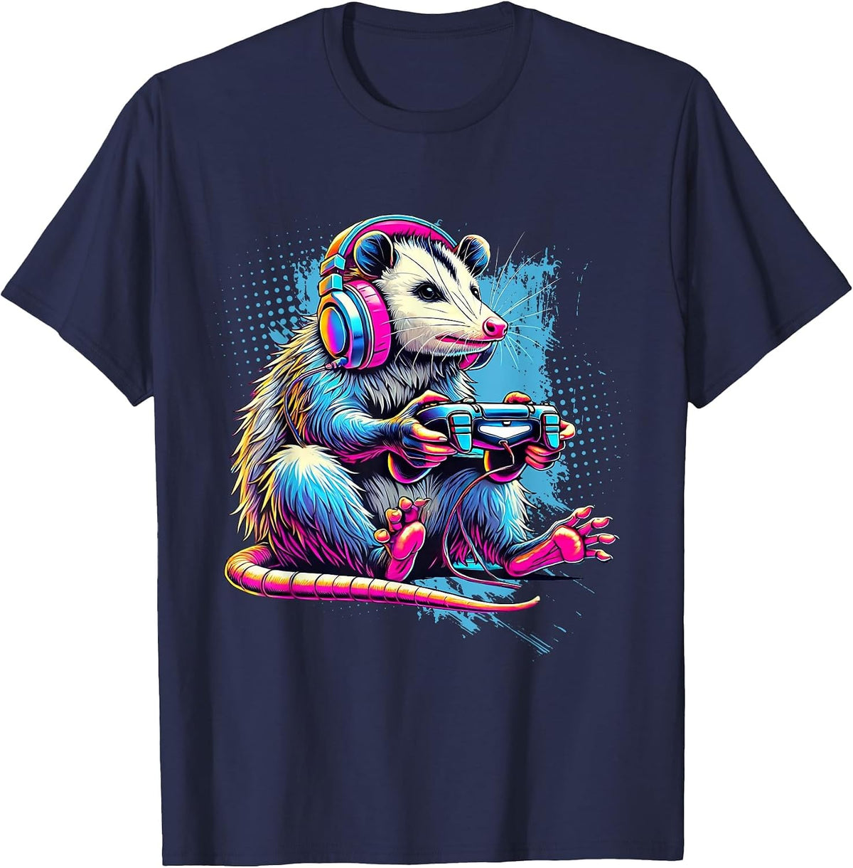 Funny Distressed Possum Gaming Retro Opossum Video Games T-Shirt - Navy Blue