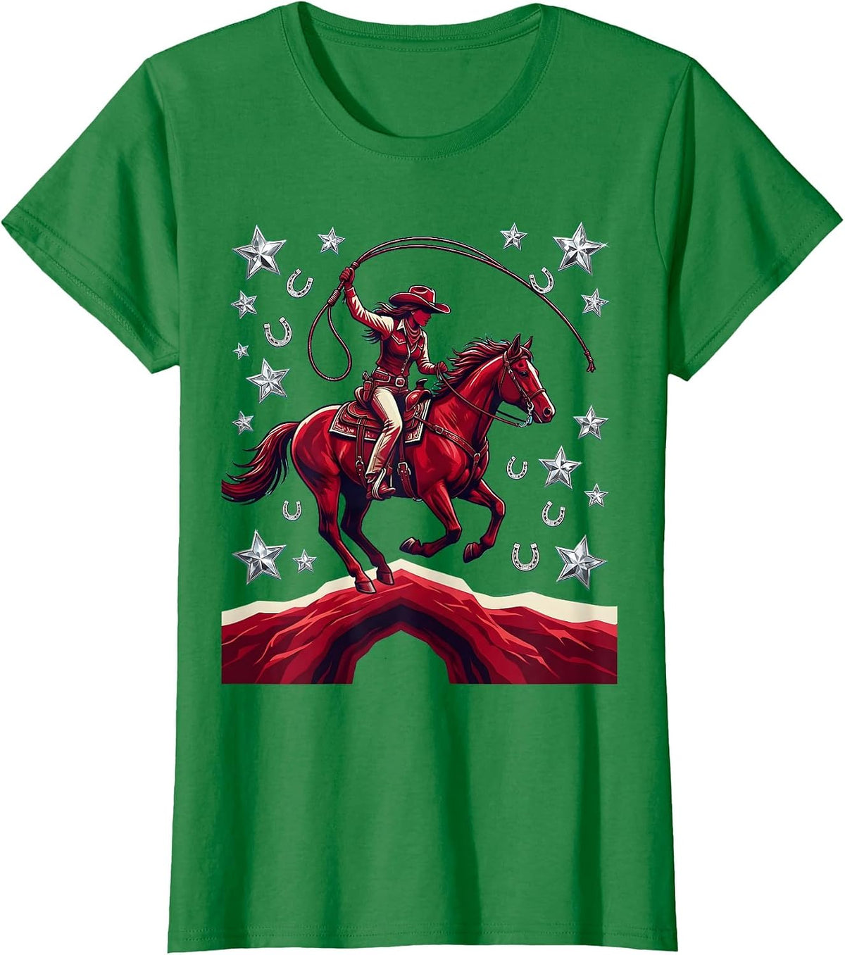 Women's Cowgirl on Horseback Canyon Dust Graphic T-Shirt - Kelly Green