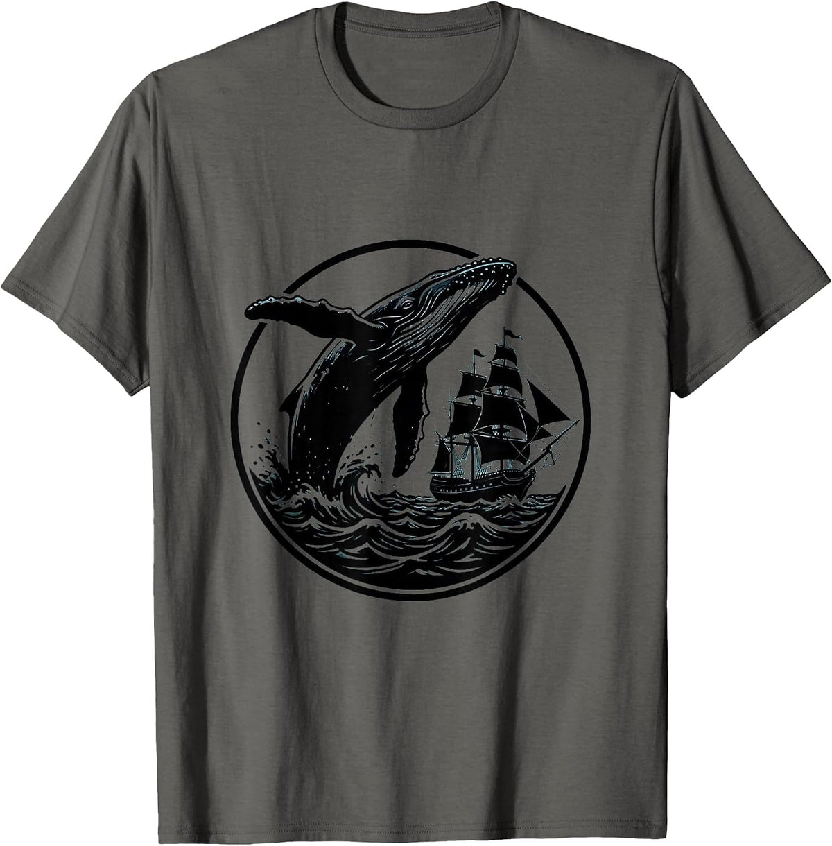 Whale Breaching Tall Sailing Ship Navy Graphic T-Shirt - Asphalt Grey