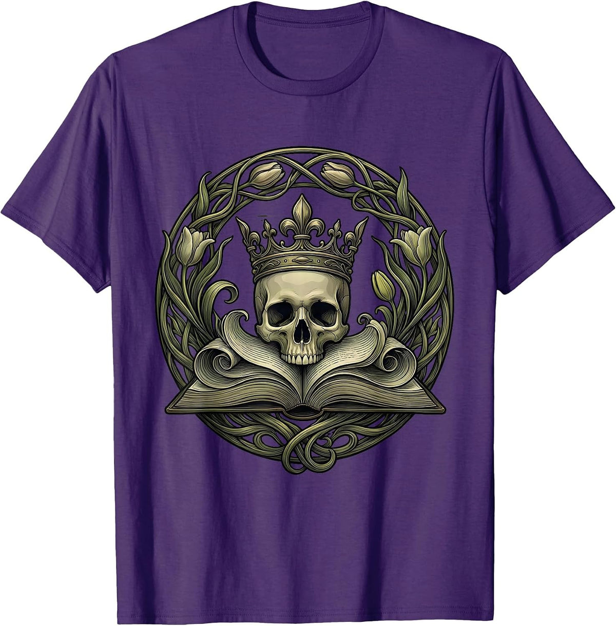Renaissance Crowned Skull Open Book Graphic T-Shirt - Purple