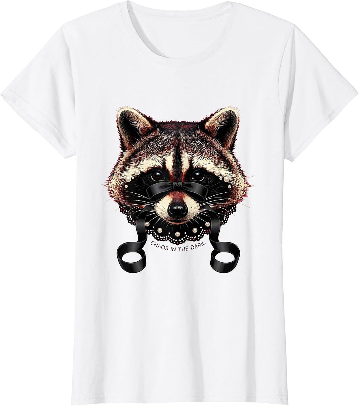 Chaos in the Dark Raccoon Graphic Design T-Shirt - White
