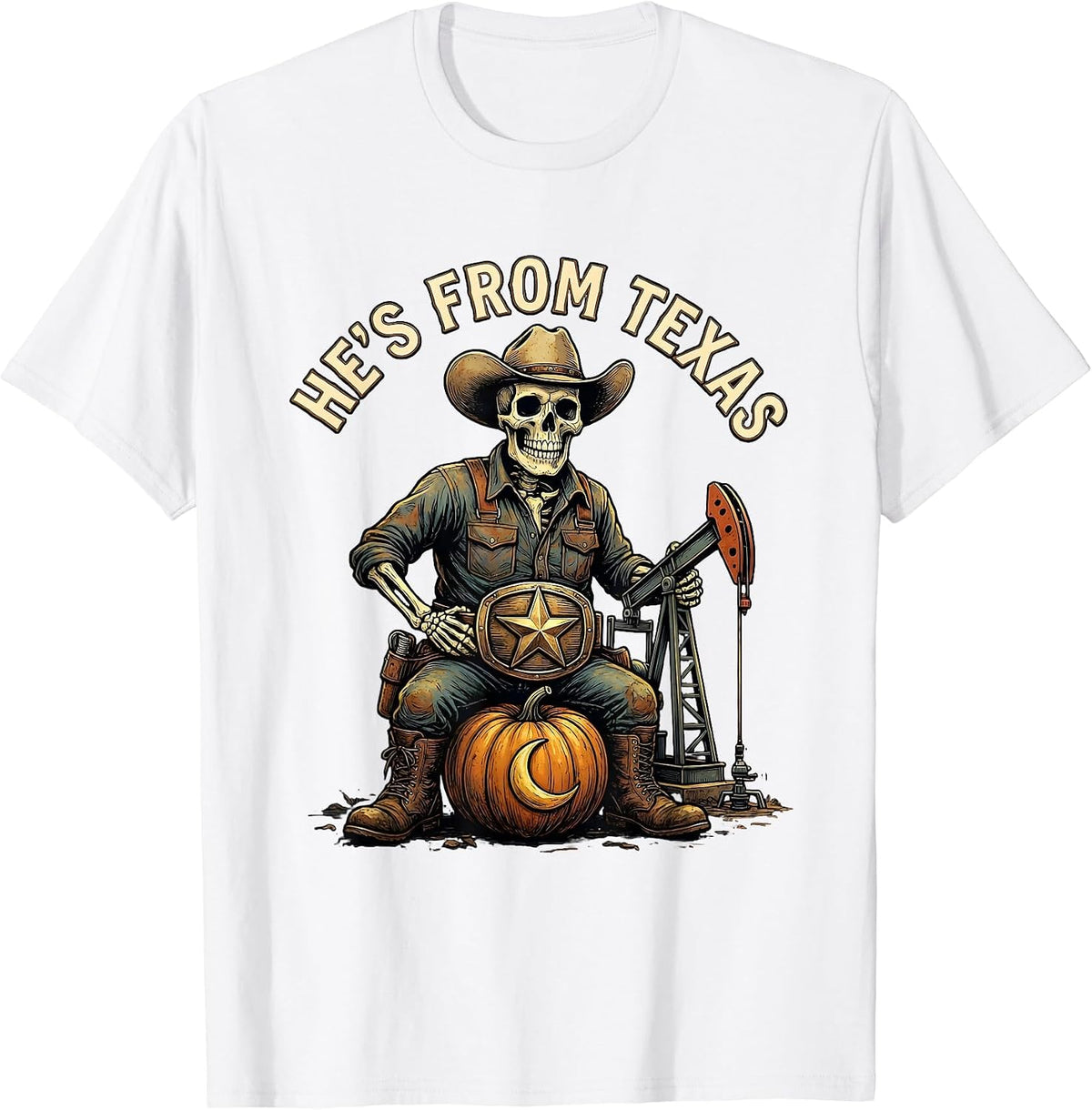 Men's He's From Texas Funny Skeleton Cowboy Halloween Horror T-Shirt - White