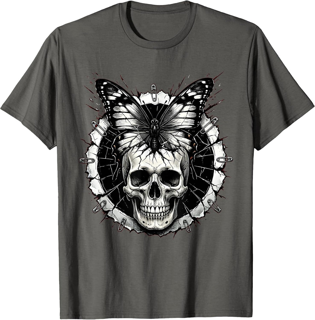 Black Butterfly Cracked Skull Emo Dark Art T-Shirt - Asphalt Grey