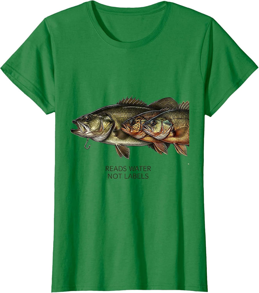 Women's Water Not Labels Vintage Bass Fishing Humor Dad Gift T-Shirt - Kelly Green