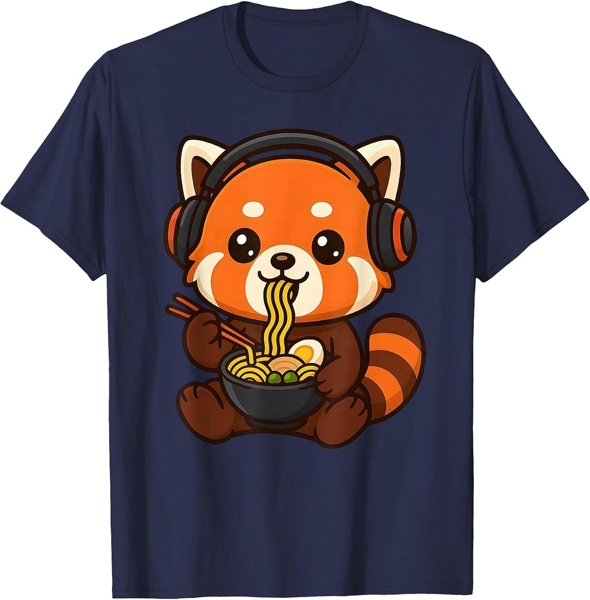 Red Panda Gaming Gamer Eating Ramen T-Shirt - Navy Blue