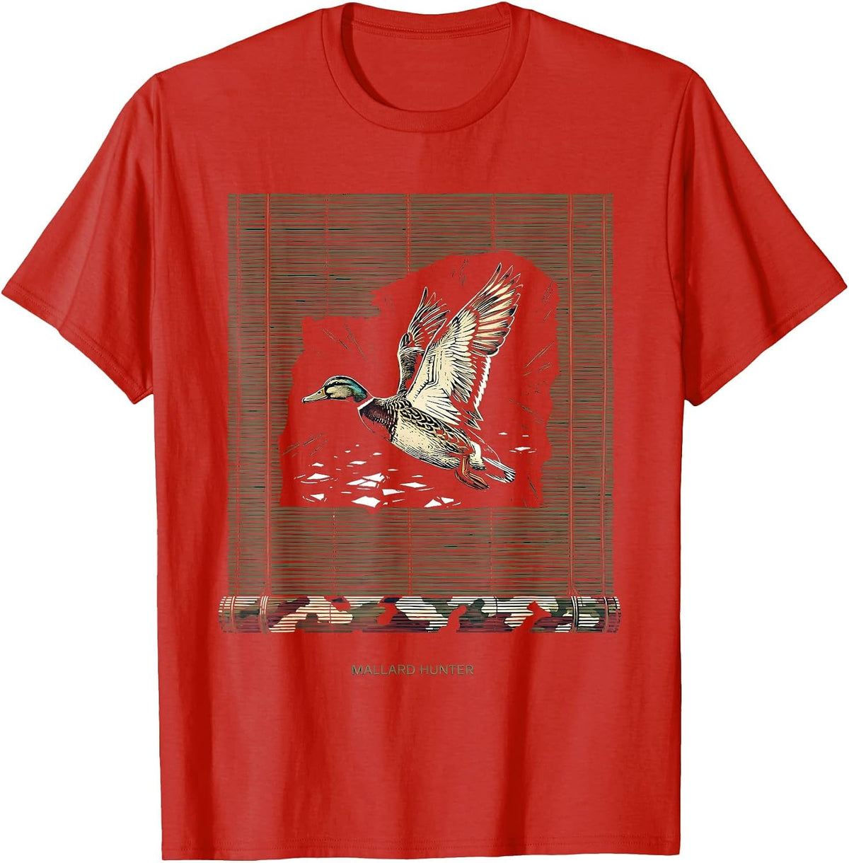 Men's Mallard Hunter Linocut Duck Hunting Camo Patriotic Gift T-Shirt - Red