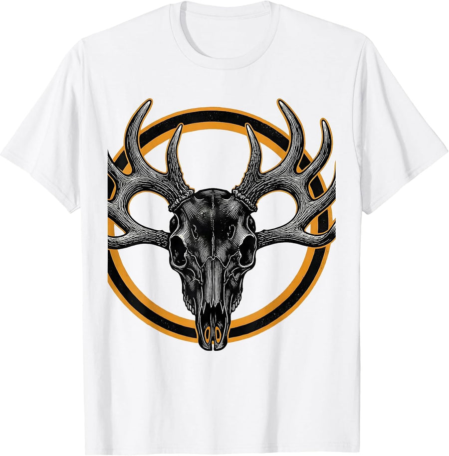 Men's Deer Skull Antler Rack Hunting Illustration T-Shirt - White
