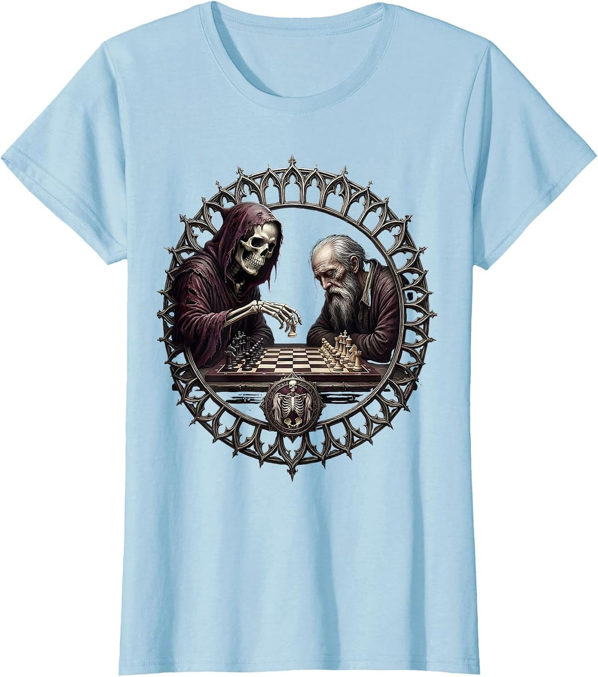 Death Playing Checkers With Elderly Man Graphic T-Shirt - Baby Blue
