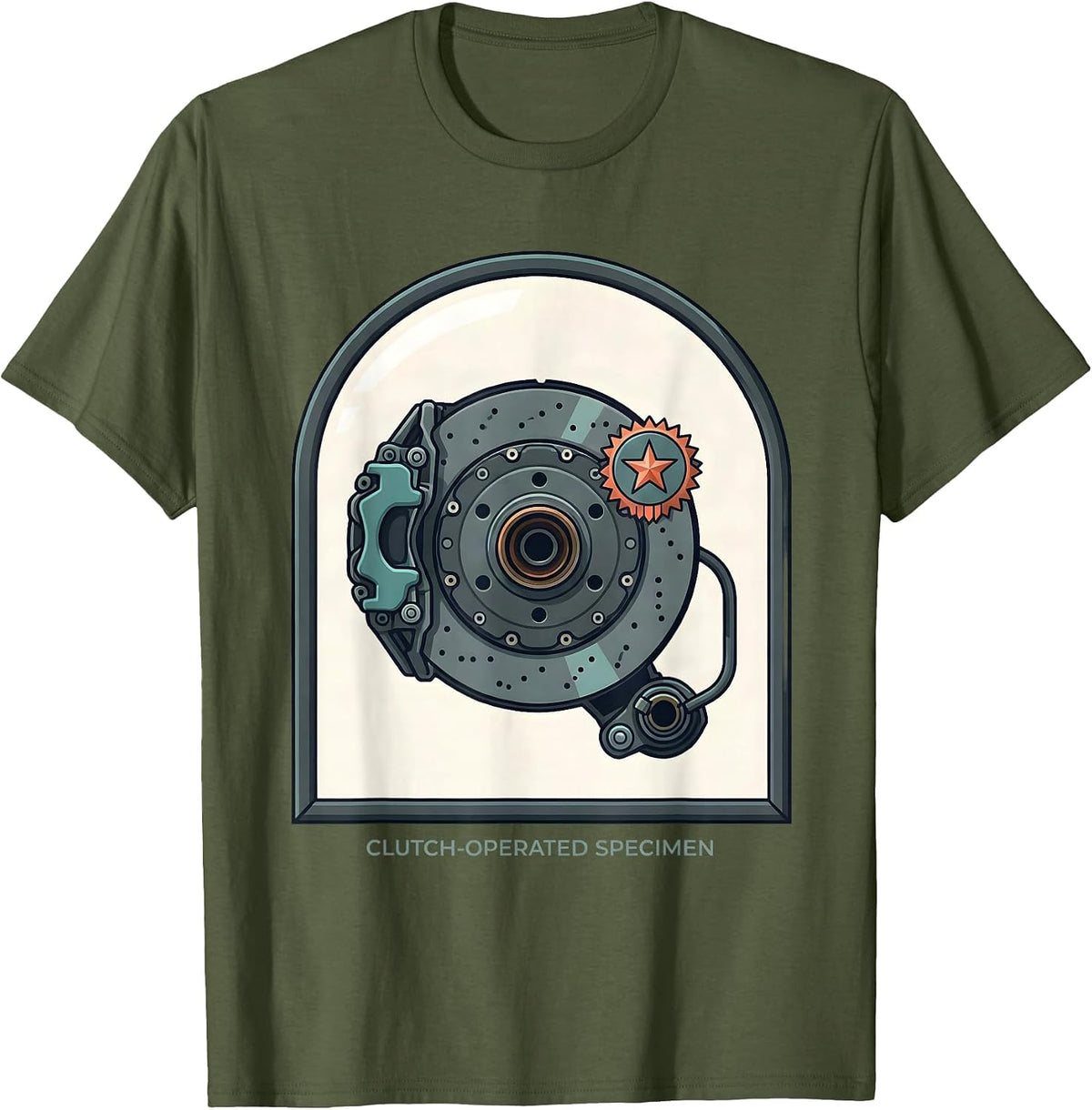 Clutch-Operated Specimen Funny Car Guy Manual Transmission T-Shirt - Olive Green