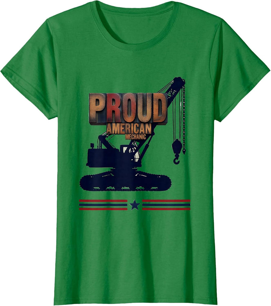 Women's Proud American Mechanic Wood Type Letterpress Patriotic T-Shirt - Kelly Green