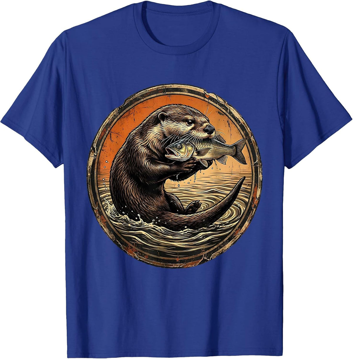 Venezuela Giant River Otter With Fish Illustration T-Shirt - Royal Blue