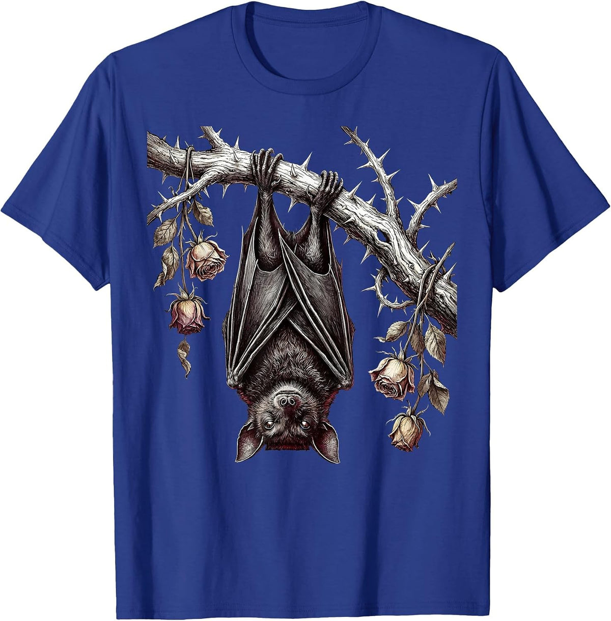 Emo Bat on Thorn Branch Gothic Illustration T-Shirt - Royal Blue