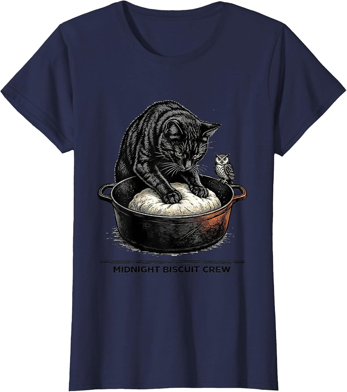 Women's Midnight Biscuit Crew Funny Cat Lover Baking Kitchen Humor T-Shirt - Navy Blue