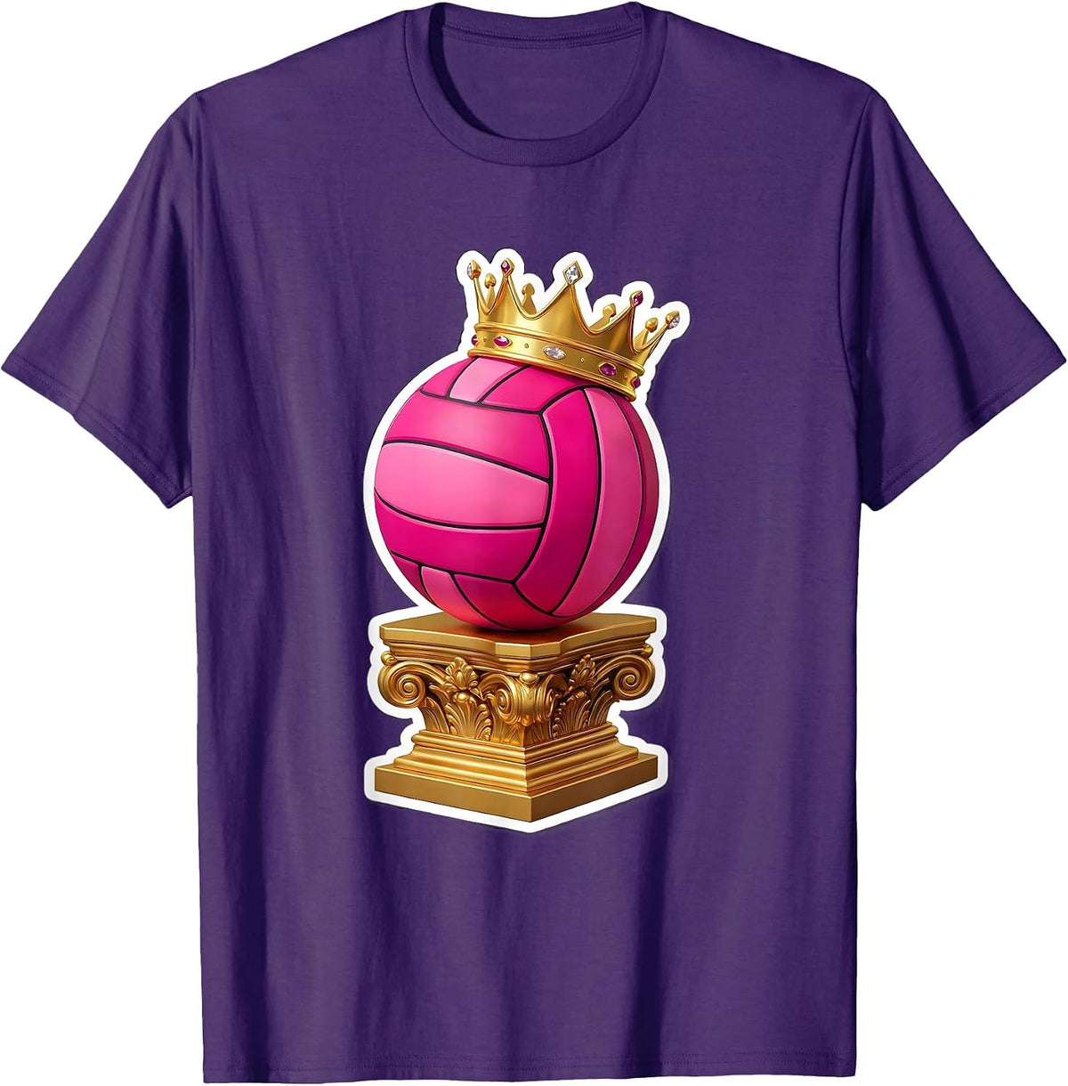 Crowned Pink Volleyball Queen on Throne Design T-Shirt - Purple