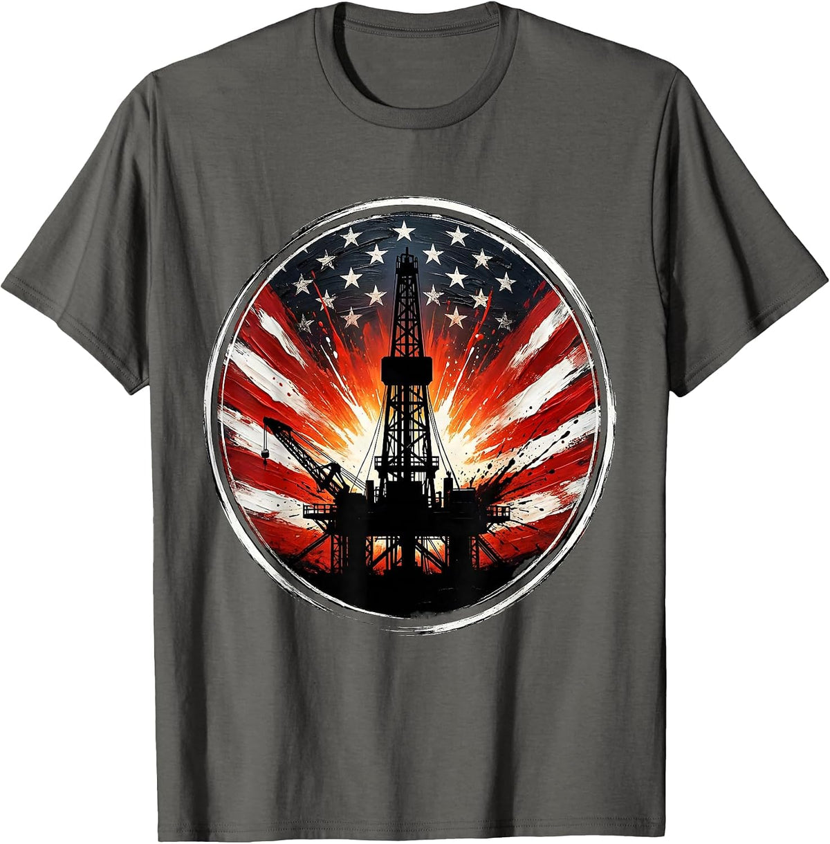 Men's Oil Rig Sunset Silhouette Graphic Design T-Shirt - Asphalt Grey
