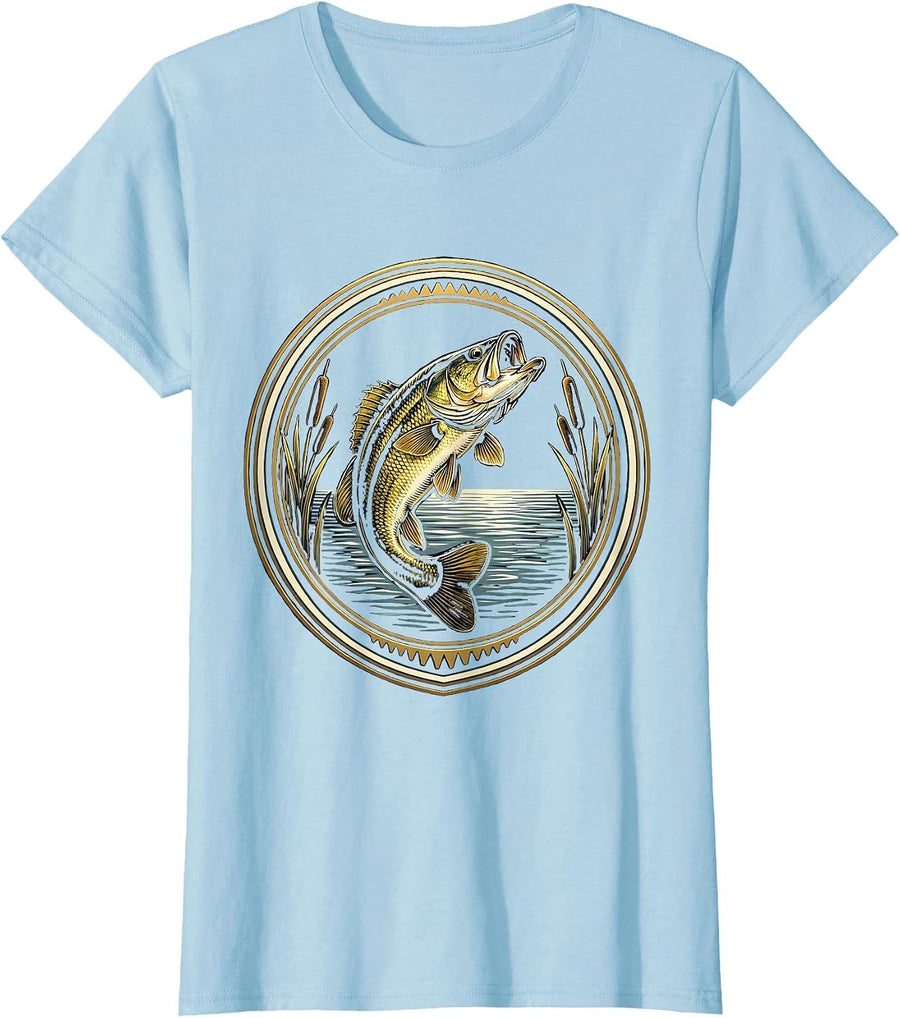 Women's Largemouth Bass Leaping From Water Fishing T-Shirt - Baby Blue