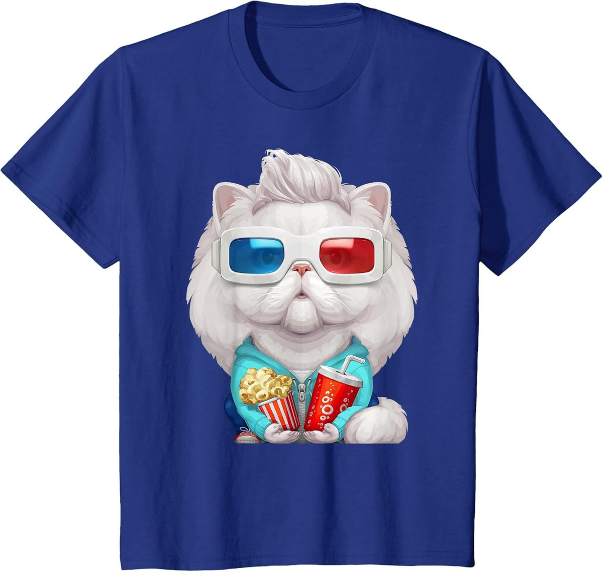 White Persian Cat Wearing 3D Glasses T-Shirt T-Shirt - Royal Blue
