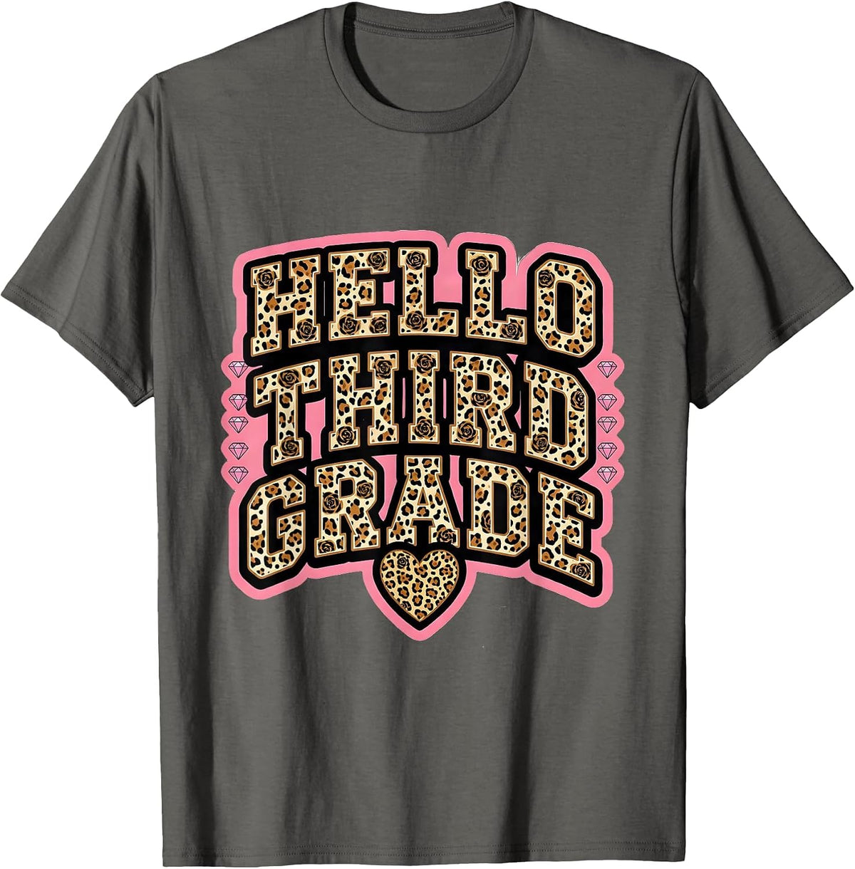 Hello Third Grade Sparkle Varsity Leopard Teacher Back T-Shirt - Asphalt Grey