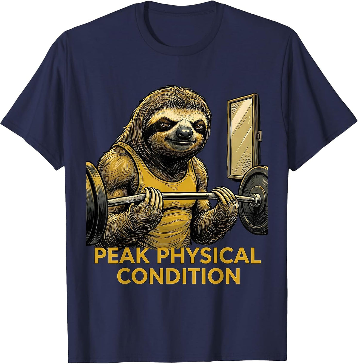 Men's Peak Physical Condition Funny Gym Sloth Weightlifting Humor T-Shirt - Navy Blue
