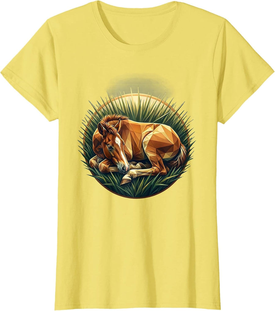 Sleeping Foal in Tall Grass Illustration T-Shirt - Lemon Yellow