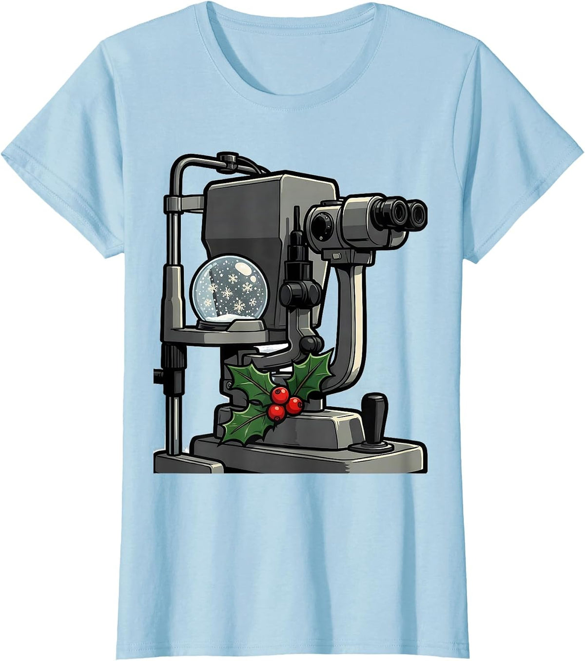 Women's Slit Lamp Snow Globe Cartoon Optometrist Christmas T-Shirt - Baby Blue