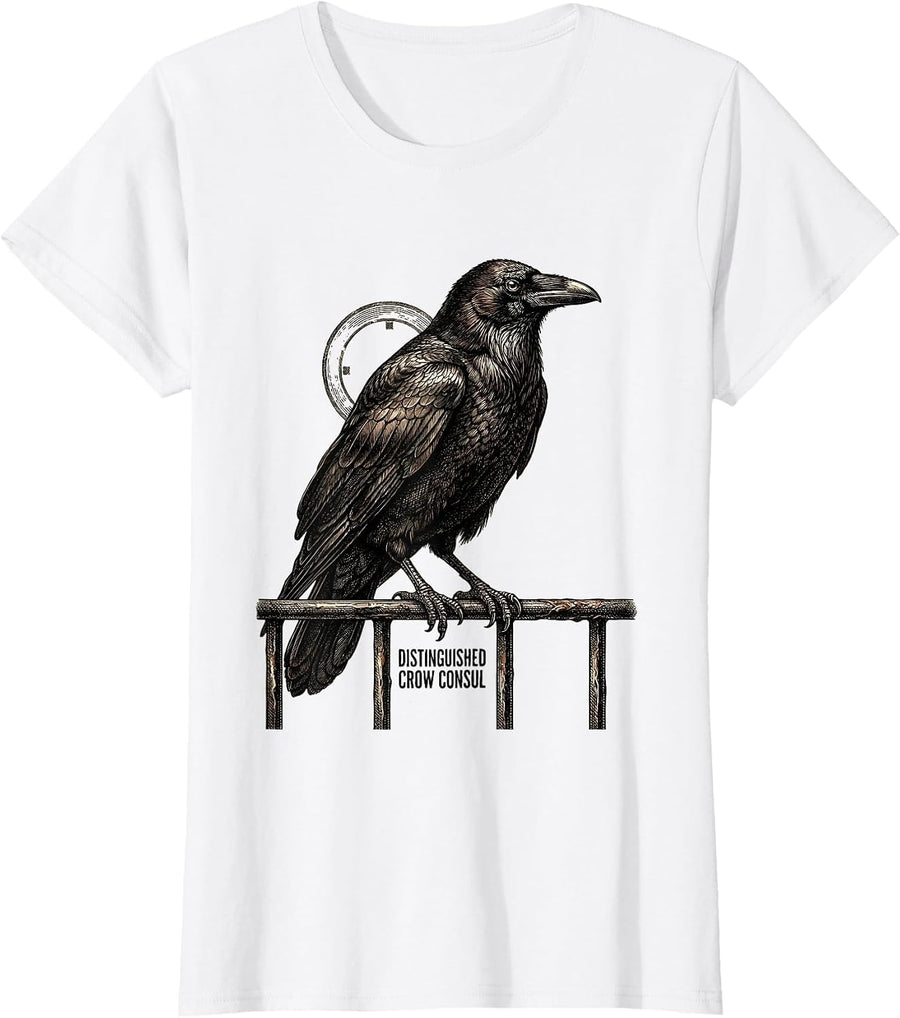 Women's Distinguished Crow Consul Dark Humor Gothic Halloween Crow T-Shirt - White