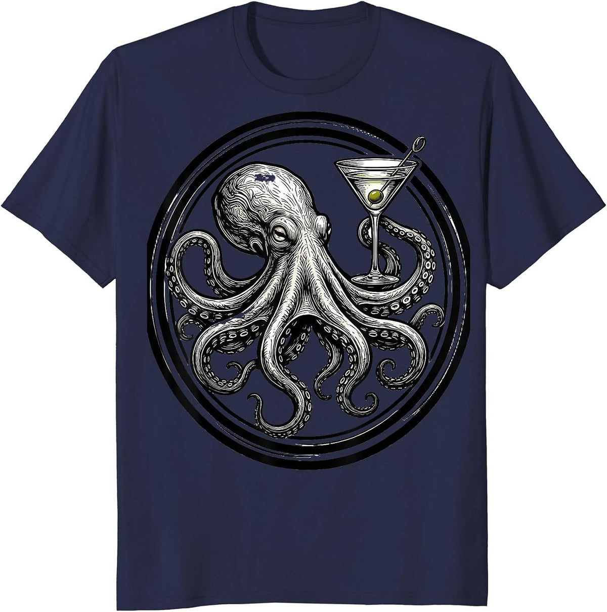 Octopus Martini Glass Cocktail Bar Art T-Shirt - Navy Blue