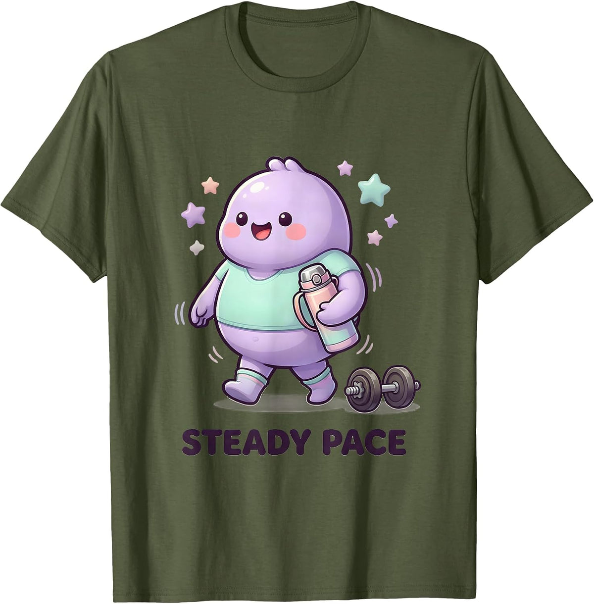 Men's Steady Pace Cute Kawaii Gym Meme Weightlifting Humor T-Shirt - Olive Green