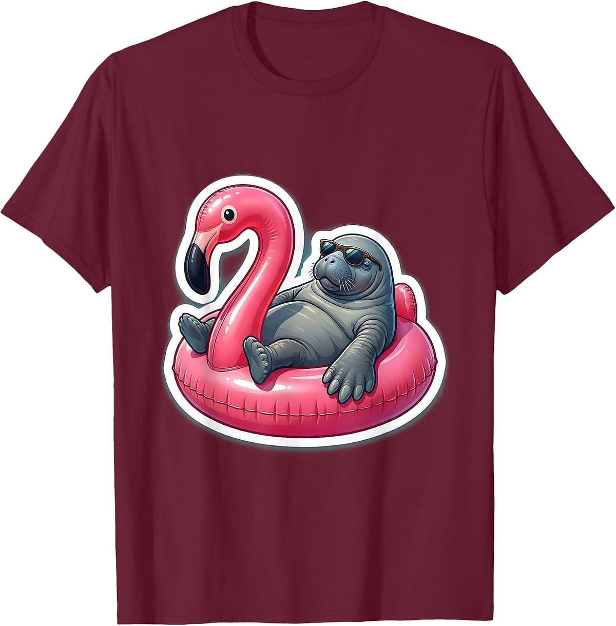Manatee on Flamingo Float Funny Lounging Design T-Shirt - Burgundy