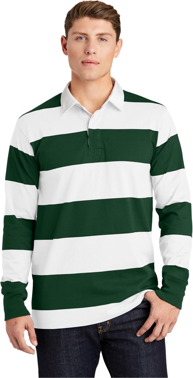 SPORT-TEK Classic Long Sleeve Rugby Polo - Forest Green\/ White