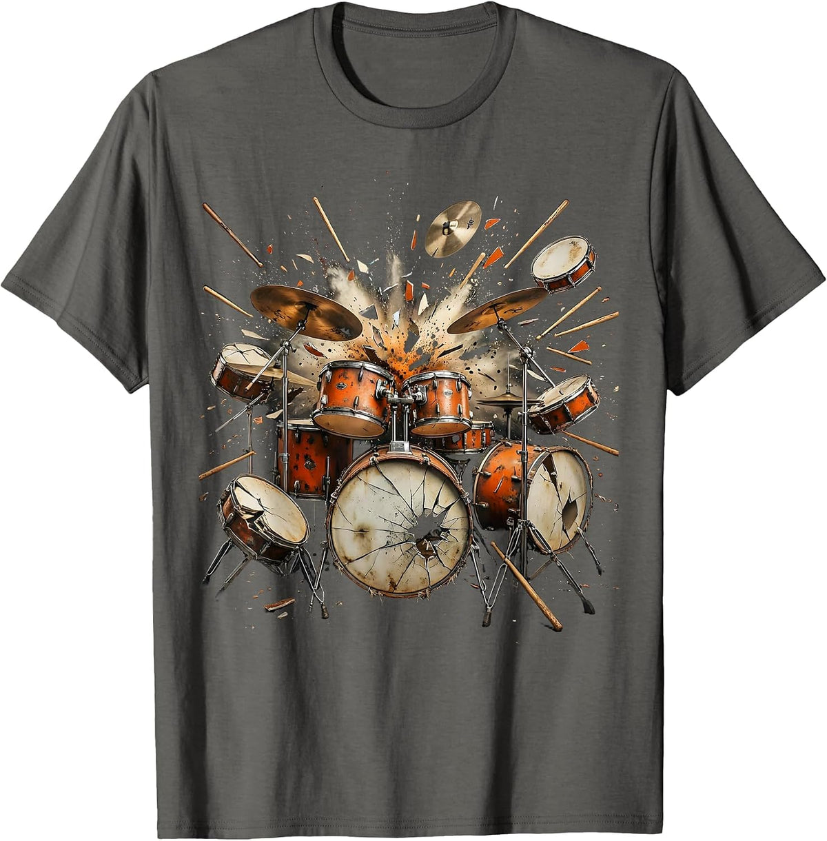 Exploding Drum Kit Starburst Burst Illustration T-Shirt - Asphalt Grey