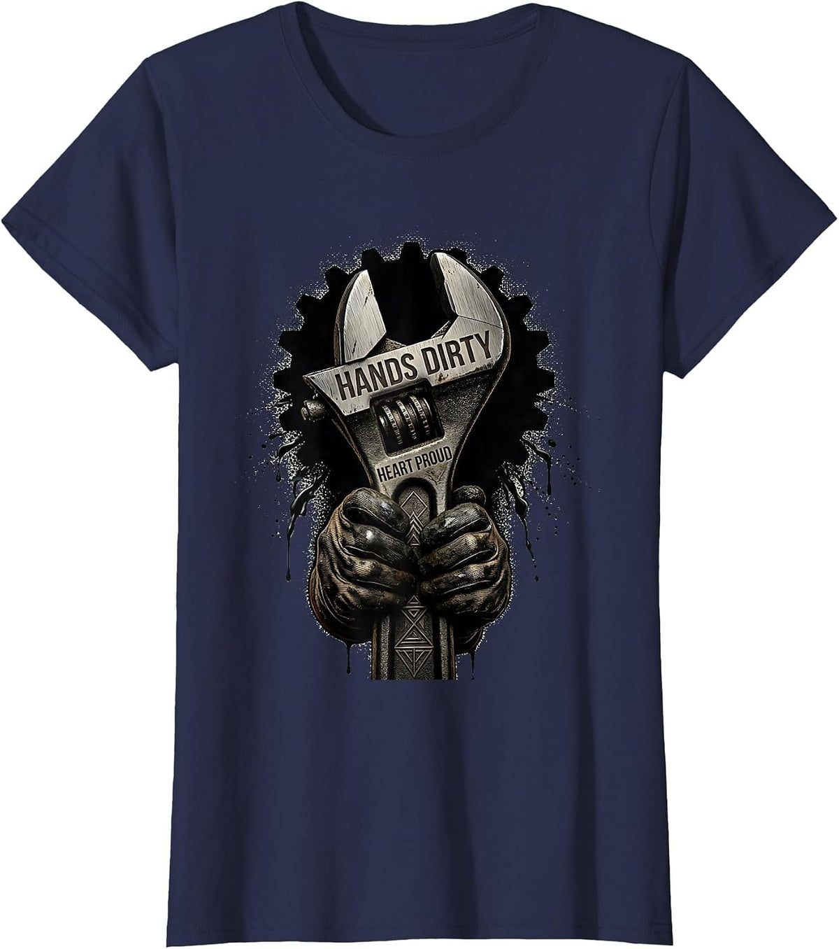 Women's Hands Dirty Heart Proud Pit Crew Racing Design T-Shirt - Navy Blue