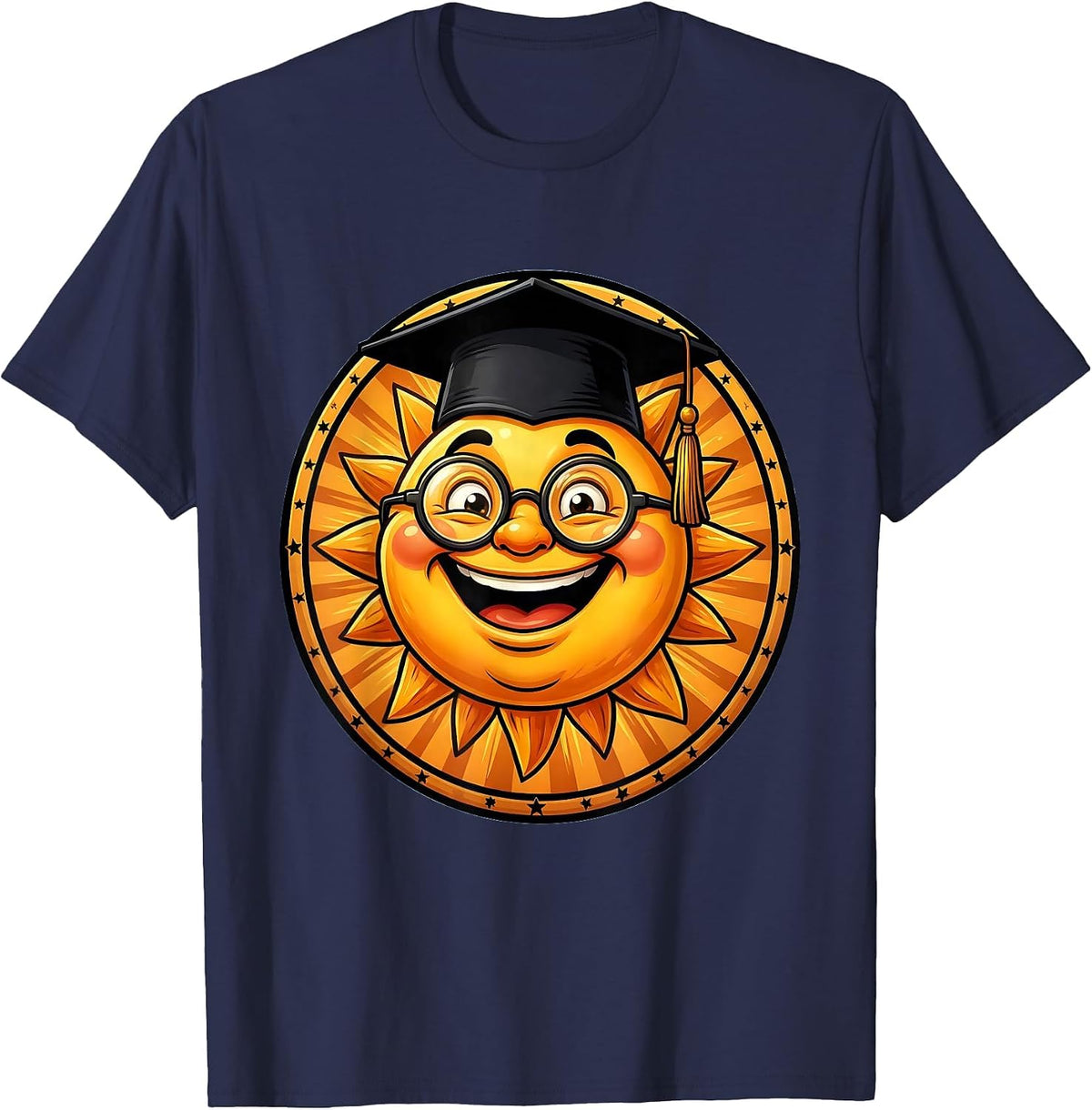 Third Grade Teacher Sun Graduation Cap Glasses T-Shirt - Navy Blue