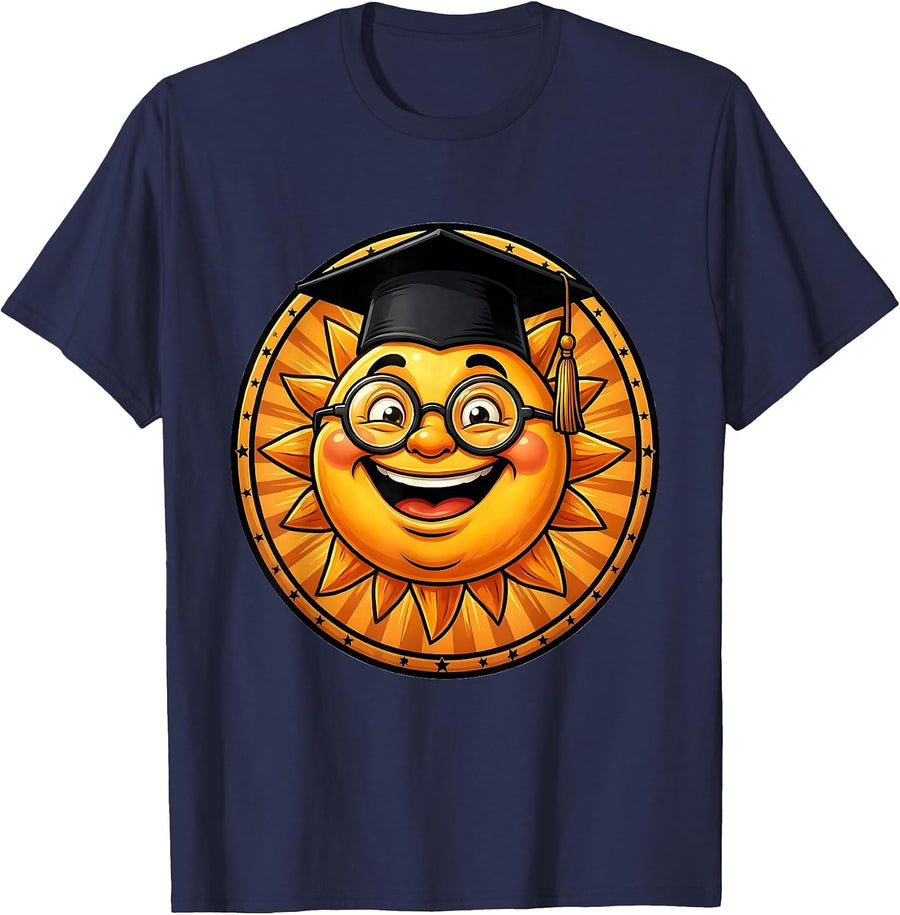 Third Grade Teacher Sun Graduation Cap Glasses T-Shirt - Navy Blue