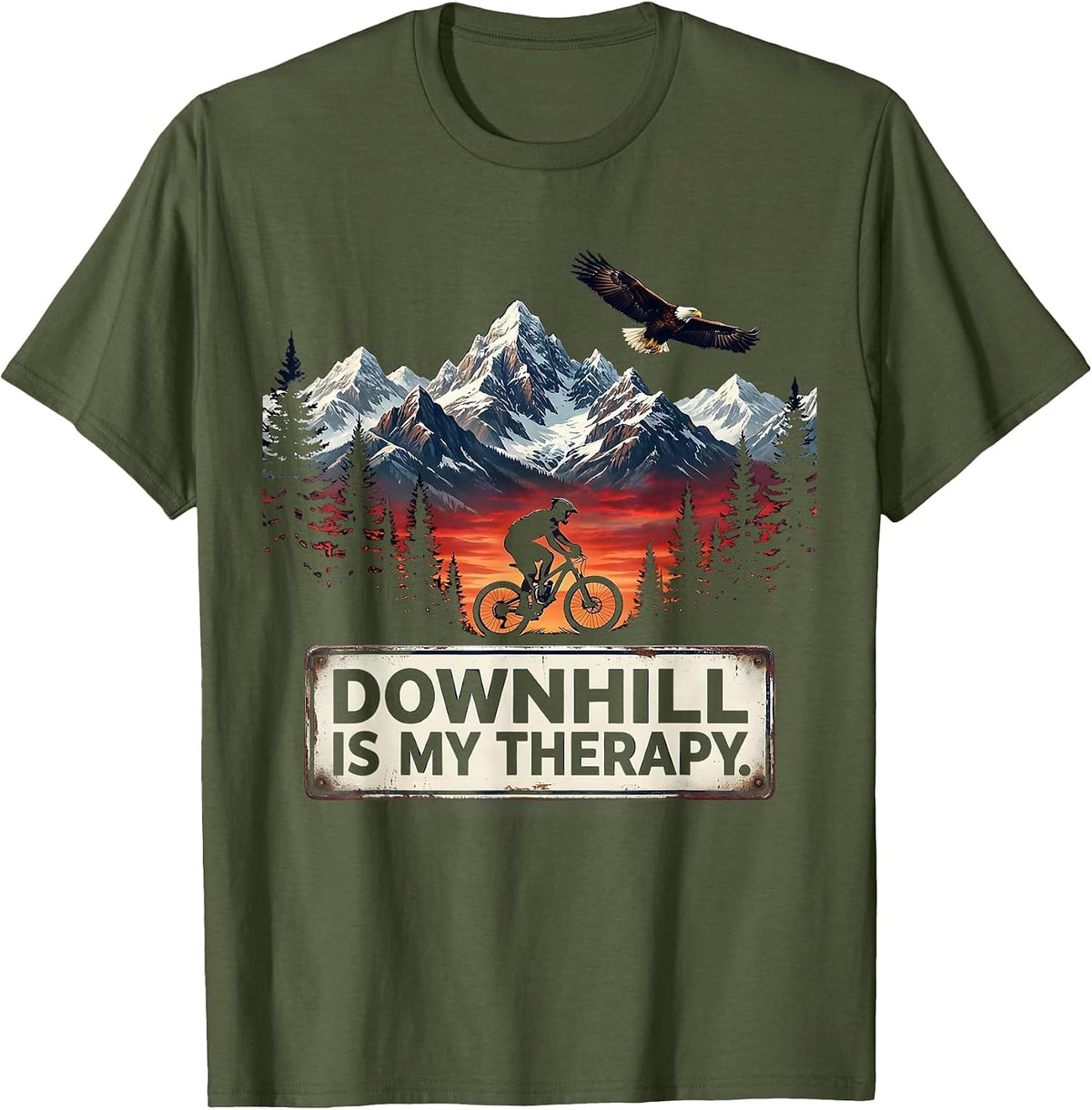 Downhill Is My Therapy Mountain Bike Design T-Shirt - Olive Green