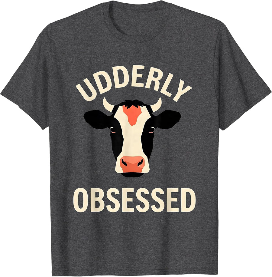 Men's Udderly Obsessed Funny Cow Farmer Cow Lover Humor T-Shirt - Dark Heather Grey