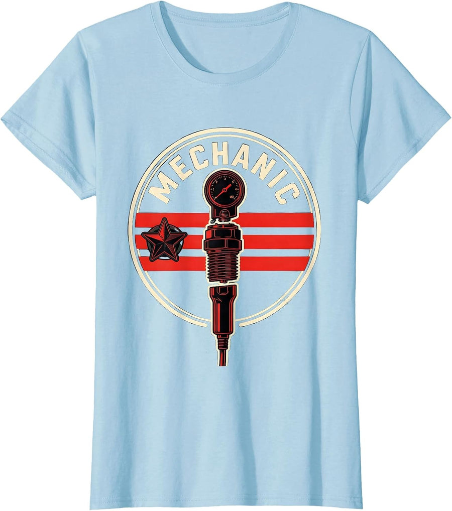 Women's Mechanic American Flag Oilfield Worker Patriotic Tough Labor T-Shirt - Baby Blue