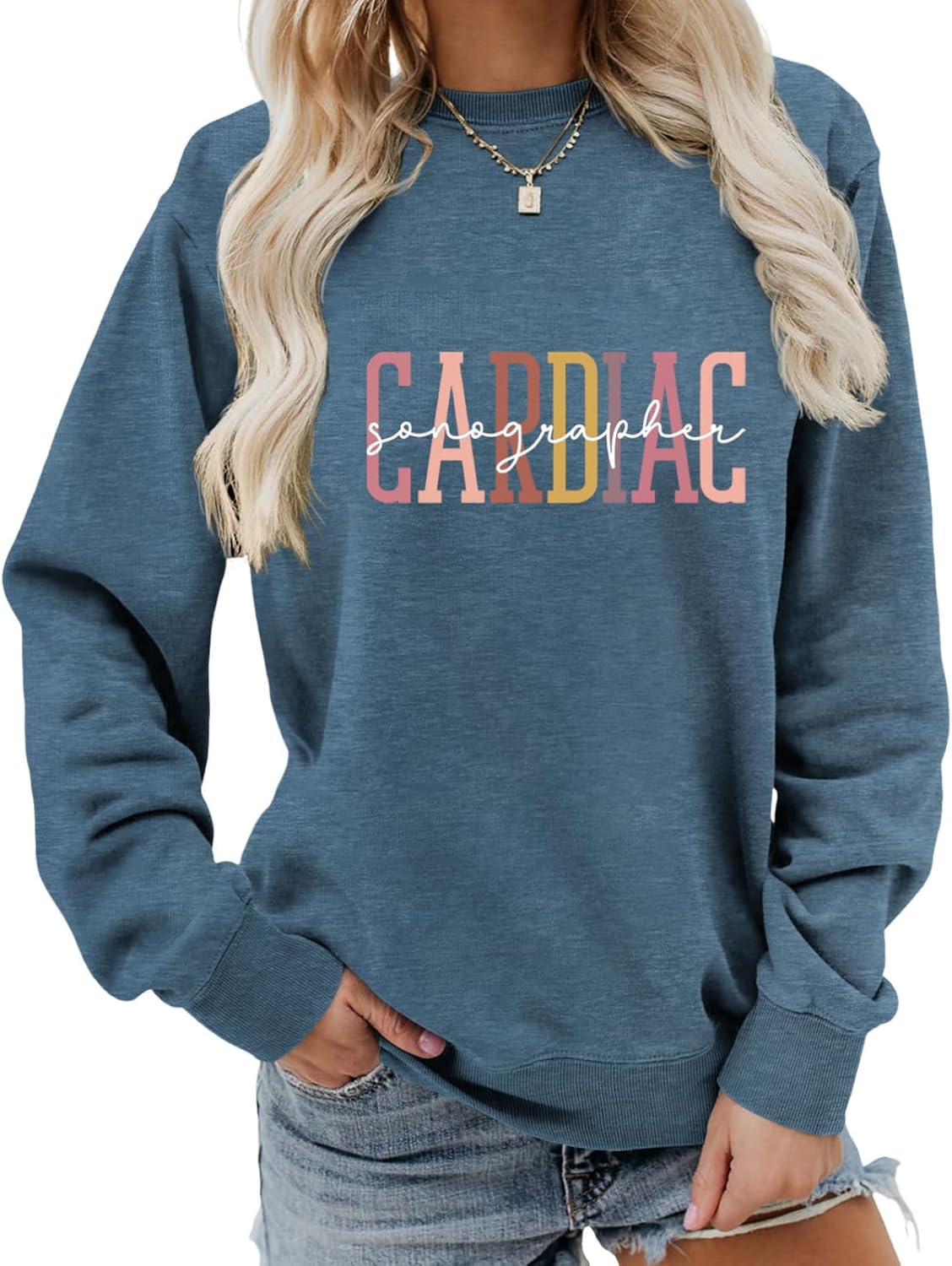 Cardiac Sonographer Sweatshirt Echocardiographer Nurse Sweater Women Casual Long Sleeve Crew Neck Pullover Tops - Blue