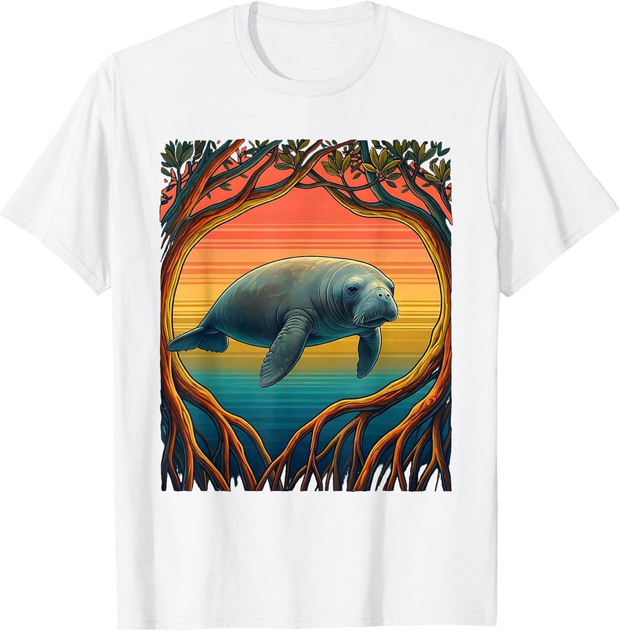 Puerto Rico Manatee Mangrove Roots Illustration T-Shirt - White