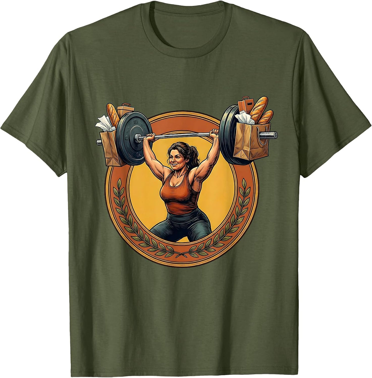 Shopper Strength Barbell Lifting Funny Graphic T-Shirt - Olive Green