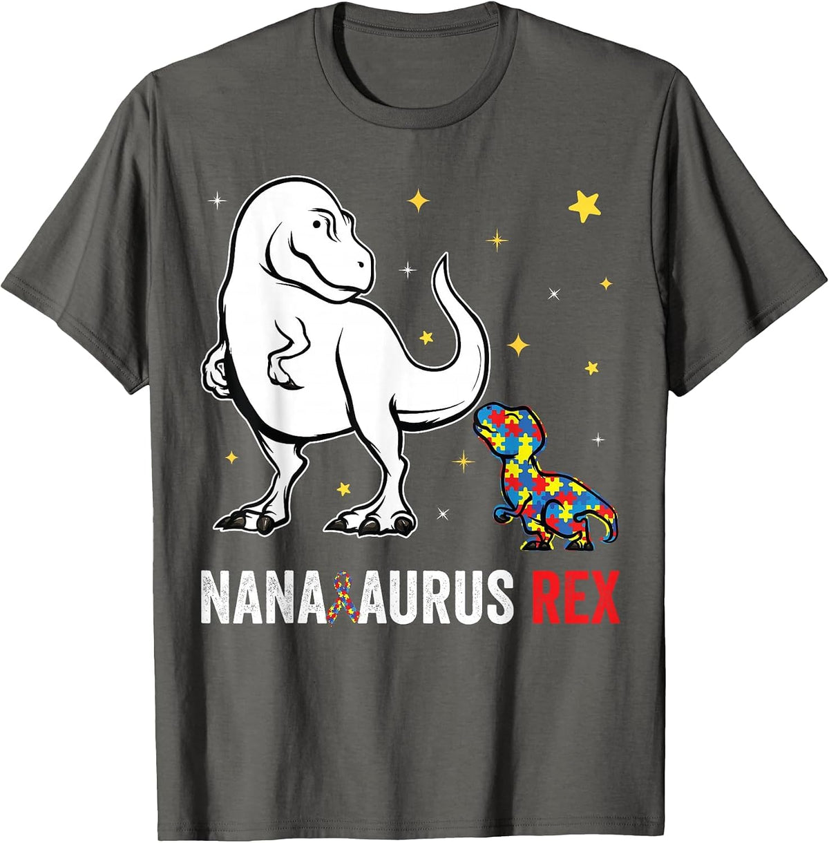 Nanasaurus Rex Nana and Kids Funny Autism Awareness Puzzle T-Shirt - Asphalt Grey