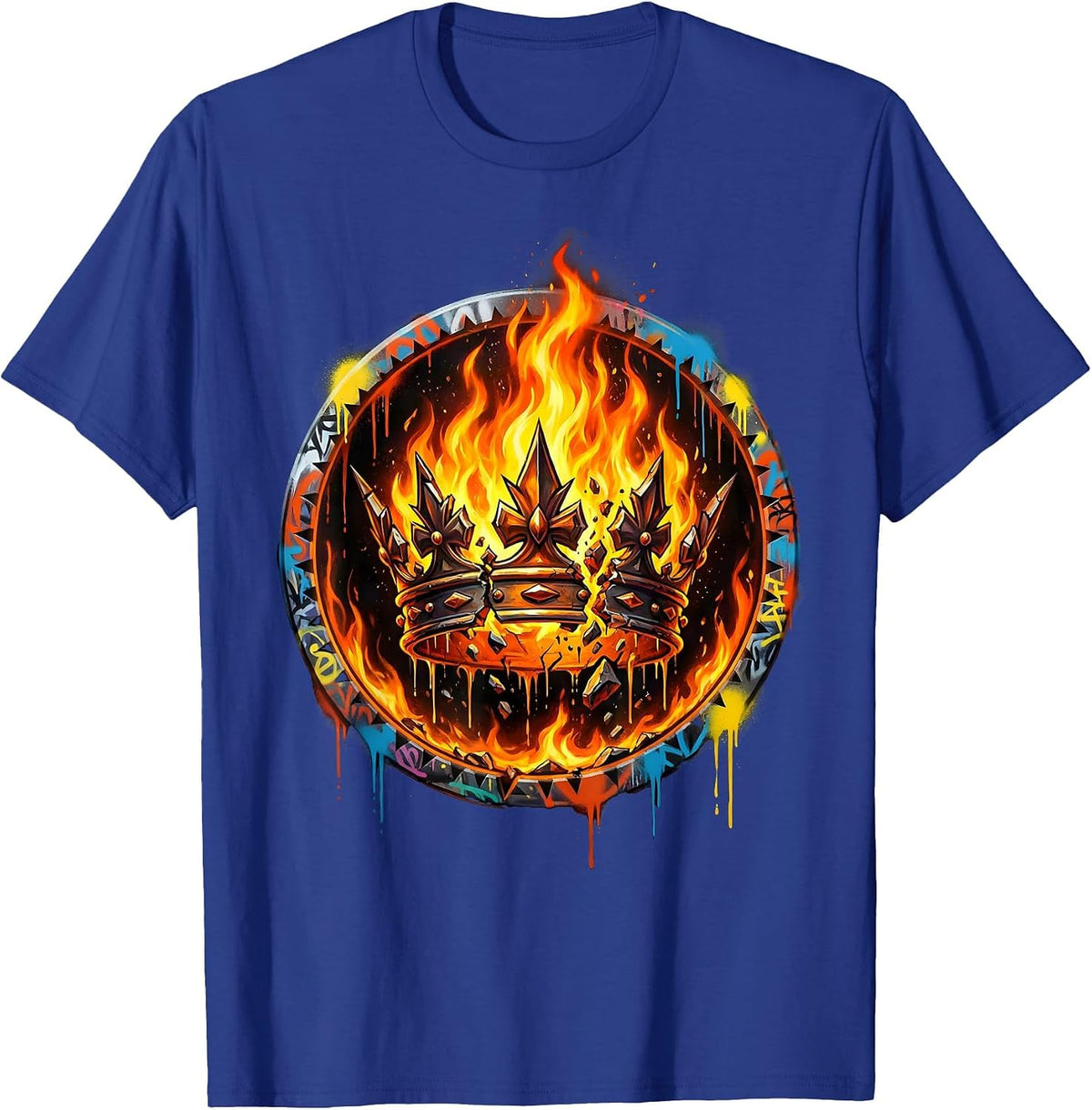 Crown In Flames No Kings Fire Illustration T-Shirt - Royal Blue
