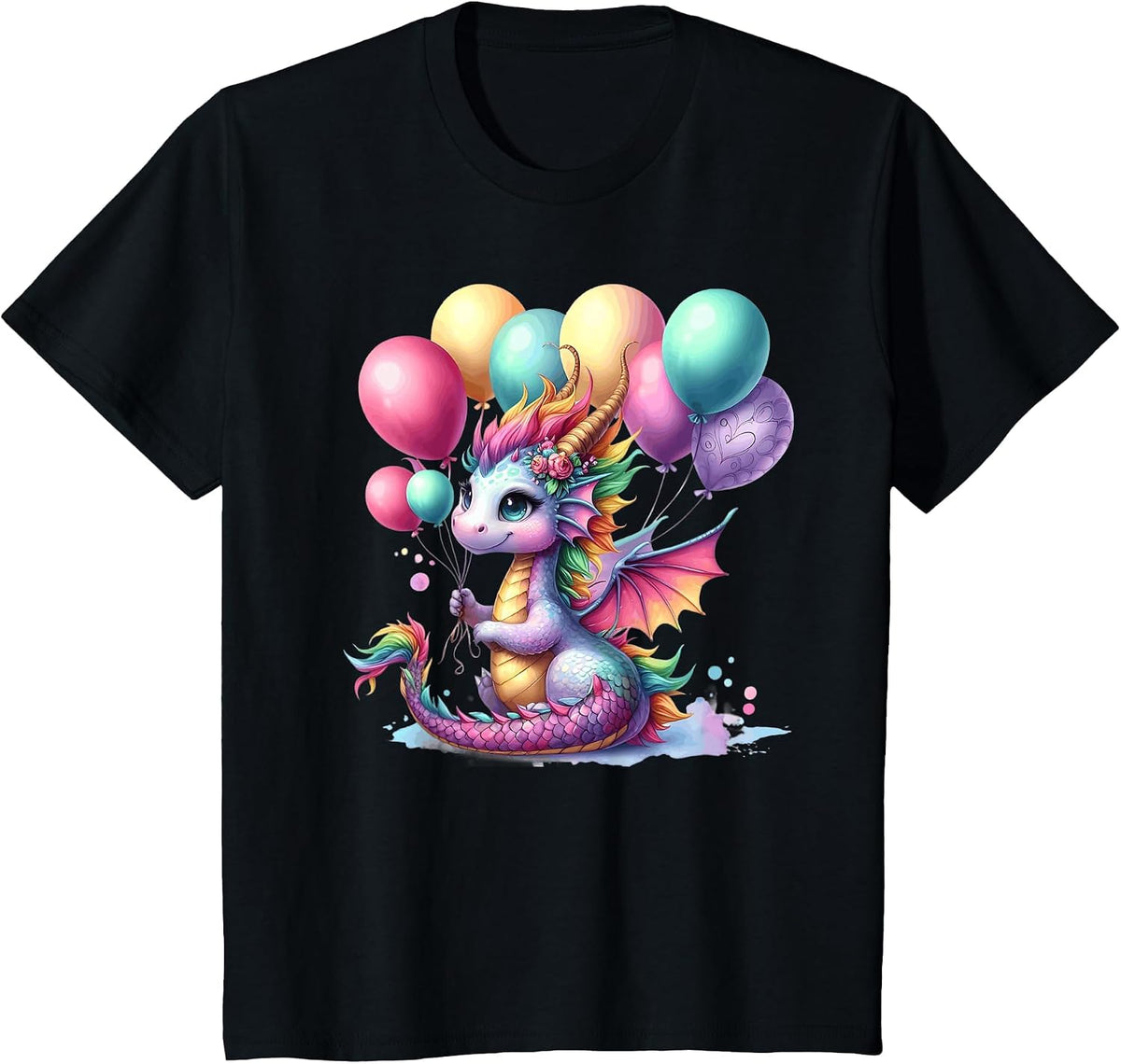 Happy Dragon Pastel Birthday Balloons Magical Party Theme T-Shirt - Black