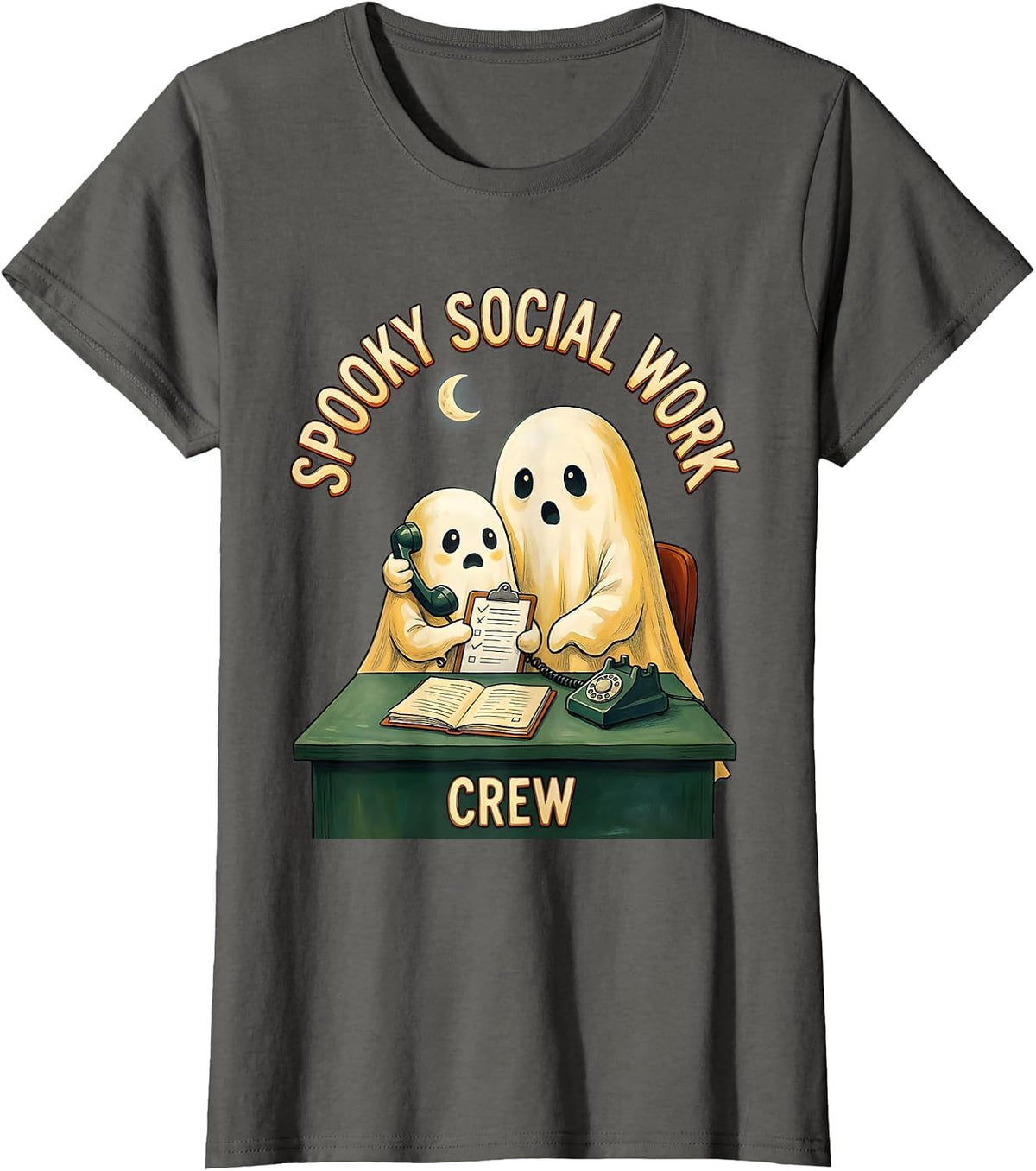 Women's Spooky Social Work Crew Cute Ghost Halloween Occupation T-Shirt - Asphalt Grey
